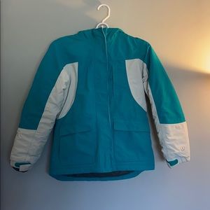 teal and white children’s Lands End winter coat